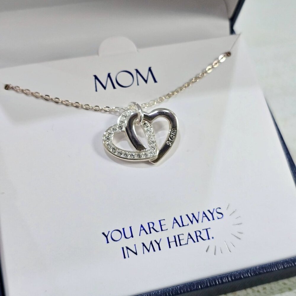 Sterling Silver ✦ Mom Double Heart Necklace ✦ Swarovski Crystal Pendant 18" NWT - Picture 2 of 7